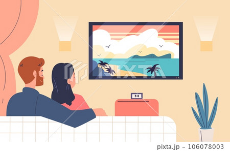 Couple watching tv. Family couples looking romantico atmospheric movie, relax weekend on sofa couch watch television, night home living room apartment interior vector illustration 106078003