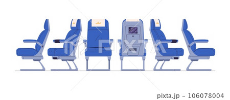 Airplane armchairs. Aircraft seats for safety flight and comfort travel inside plane of economy business class interior, isolated chair aeroplane space, classy vector illustration 106078004