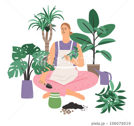 Woman caring for Houseplants. Domestic orangery and care concept. Gardening hobby 106078019