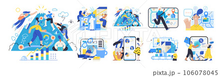 Memphis business illustration, company - modern outlined flat vector concept illustrations set, corporate Corporate Memphis style business metaphor 106078045