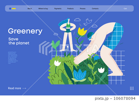 Greenery, ecology -modern flat vector concept illustration of people around the swimming pool of plants and flowers. Metaphor of environmental sustainability and protection, closeness to nature 106078094