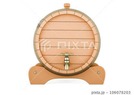 Wooden barrel with valve and stand, front view. 3D rendering Wooden barrel with valve and stand, front view. 3D rendering 106078203