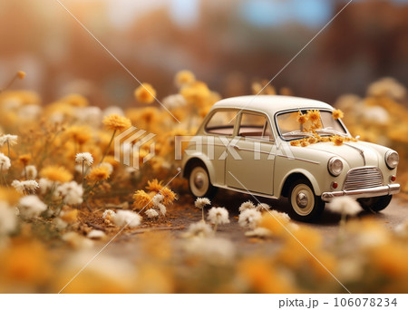 A small blue childrens car stands on an autumn yellow background and beautiful white daisies are on it A small blue childrens car stands on an autumn yellow background and beautiful white daisies are on it 106078234