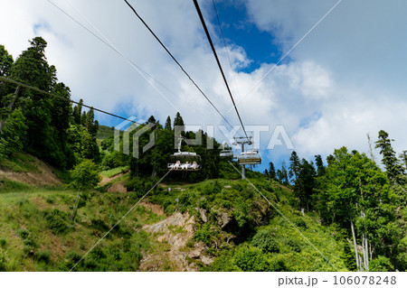Modern rope way cabins with people against blue sky and mountain tops. Rosa Khutor, Soschi, Russia Modern rope way cabins with people against blue sky and mountain tops. Rosa Khutor, Soschi, Russia 106078248
