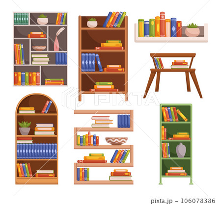 Isolated Bookcases and Shelves Adorned With A Diverse Collection Of Books, Offering A Literary Haven And Visual Delight Isolated Bookcases and Shelves Adorned With A Diverse Collection Of Books, Offering A Literary Haven And Visual Delight 106078386