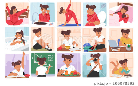 Little Girl Daily Routine. Character Wake Up, Brushes Teeth, Exercise, Eat Breakfast, Get Dressed, School, Lunch, Hobby Little Girl Daily Routine. Character Wake Up, Brushes Teeth, Exercise, Eat Breakfast, Get Dressed, School, Lunch, Hobby 106078392