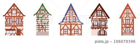 Half-timbered Houses Feature Exposed Wooden Frames Filled With Plaster Or Brick. Traditional Architectural Style 106078396