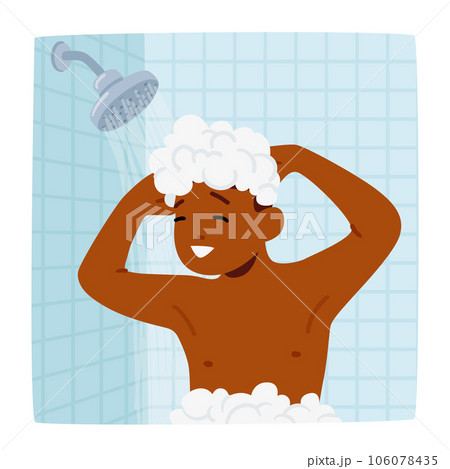 Boy Hygiene, Daily Routine Concept. Child Joyfully Lathering Body In Shower, Giggling As Soap Bubbles Form 106078435
