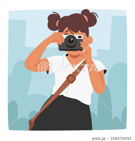 Young Schoolgirl Character Capturing Moments With A Photo Camera, Curious Eyes Framing The World Vector Illustration 106078492