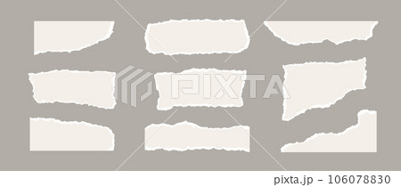 Torn paper pieces set. Light beige shapes with jagged uneven edges. Ripped different paper fragments collection. Textured grunge element bundle for collage, text box, banner, sticker, poster. Vector 106078830