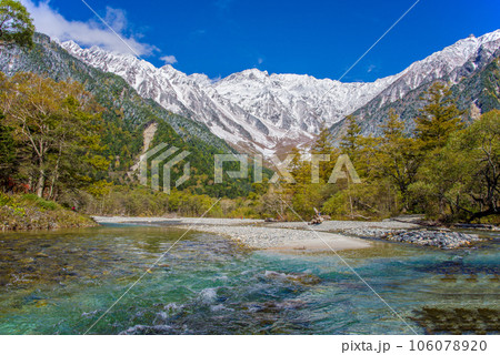 秋の上高地【河童橋から見る冠雪した北アルプスの絶景】 106078920
