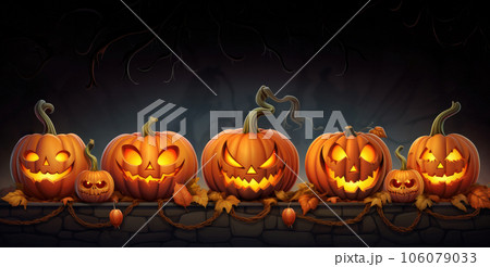 Halloween pumpkins in a row with different face expressions over dark background 106079033
