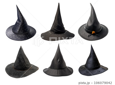 Halloween collection of witch's hats made of black fabric isolated on white background 106079042