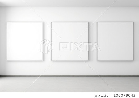 Three empty frames on a white wall, mockup for presenting art or design works 106079043