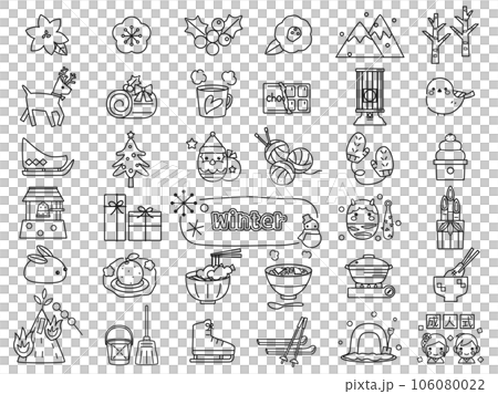 A set of illustrations inspired by winter events such as Santa and kadomatsu (line drawing version) A set of illustrations inspired by winter events such as Santa and kadomatsu (line drawing version) 106080022