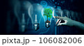 Human hand pointing Tree in the Light bulb against nature with digital convergence and technology background. Ecology, Energy, Environment, Green Technology, and IT ethics Concept. 106082006