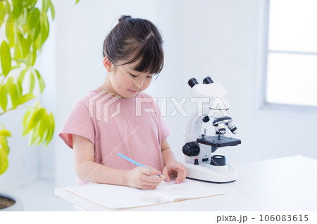 顕微鏡で勉強する小学生の女の子 106083615