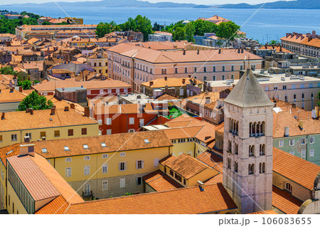 Zadar, old city, bird fly view. View of the medieval city from the tower in the city center 106083655