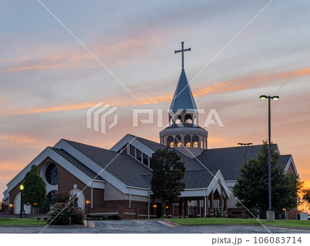 Sunset view of the St Monica Catholic Church 106083714