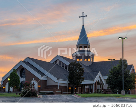 Sunset view of the St Monica Catholic Church 106083716