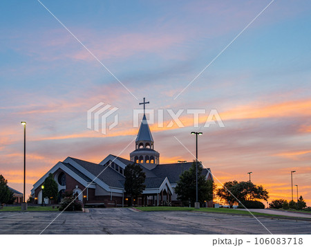 Sunset view of the St Monica Catholic Church 106083718