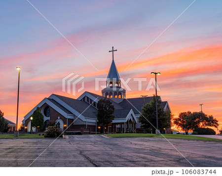 Sunset view of the St Monica Catholic Church 106083744