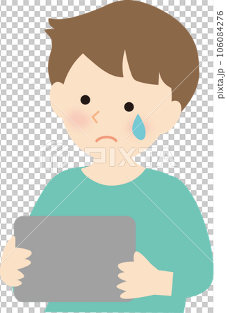 タブレットを使う困り顔の子ども 106084276