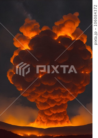 夜の空に浮かび上がる火山と噴煙 夜の空に浮かび上がる火山と噴煙 106084372