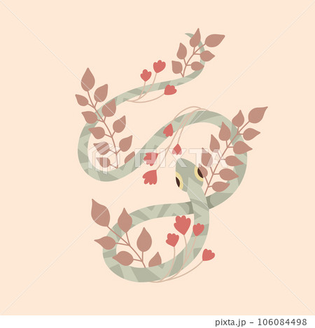 Vector postcard with a green snake with herbs and stems with foliage and flowers in pastel colors. Vector postcard with a green snake with herbs and stems with foliage and flowers in pastel colors. 106084498