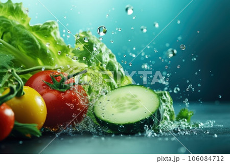 Fresh vegetables, and splashes of water. generative ai 106084712