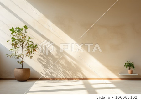 Minimalist living room interior with wooden floor, decor on a large wall. Generative AI Minimalist living room interior with wooden floor, decor on a large wall. Generative AI 106085102