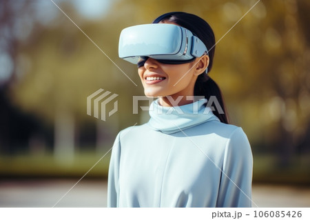 Girl wearing vr headset, metaverse, futuristic virtual world, generative ai 106085426
