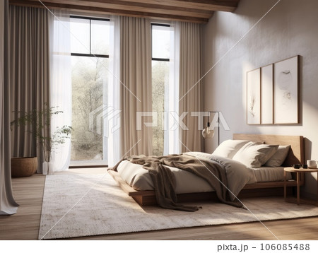 Bright beige wooden bedroom, minimal modern style. Generative AI 106085488