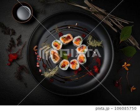 Top view of delicious sushi rolls on black table, Japanese food. Generative AI Top view of delicious sushi rolls on black table, Japanese food. Generative AI 106085750