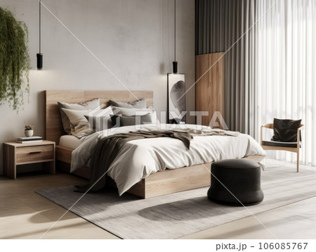 Bright beige wooden bedroom, minimal modern style. Generative AI 106085767