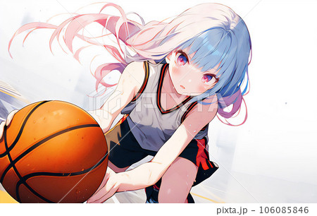 アクリル画 バスケットボール 女性キャラクター バスケットボールでドリブルする少女 [AI生成画像]のイラスト素材