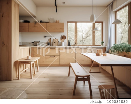 Contemporary wooden dining room and kitchen. Generative AI 106085886