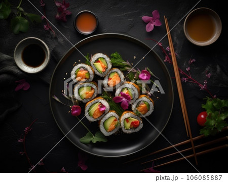 Top view of delicious sushi rolls on black table, Japanese food. Generative AI 106085887