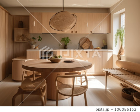 Contemporary wooden dining room and kitchen. Generative AI 106086152