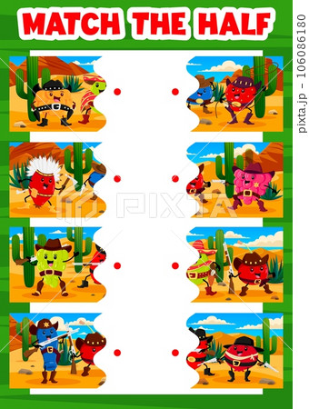 Match the half of cartoon berry cowboy, sheriff, ranger and bandit characters. Parts matching game vector worksheet with raspberry, strawberry, blueberry, rosehip and grapes berry Wild West personage Match the half of cartoon berry cowboy, sheriff, ranger and bandit characters. Parts matching game vector worksheet with raspberry, strawberry, blueberry, rosehip and grapes berry Wild West personage 106086180