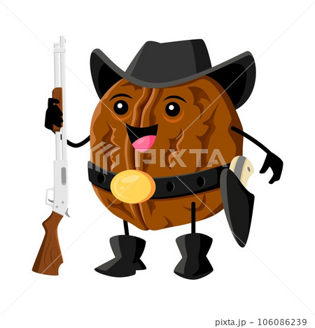 Cartoon walnut nut ranger or cowboy character. Vector unpeeled robber or bandit nut with rifle gun. Wild west hero wear hat, belt or boots hold weapon. Western healthy food personage, horseman vitamin Cartoon walnut nut ranger or cowboy character. Vector unpeeled robber or bandit nut with rifle gun. Wild west hero wear hat, belt or boots hold weapon. Western healthy food personage, horseman vitamin 106086239