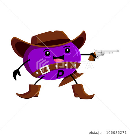 Cartoon micronutrient P cowboy, ranger, sheriff and bandit character. Funny vector bioflavonoids element, wild west armed vitamin personage wear hat and cape. Texas fantasy western hero shoot with gun 106086271