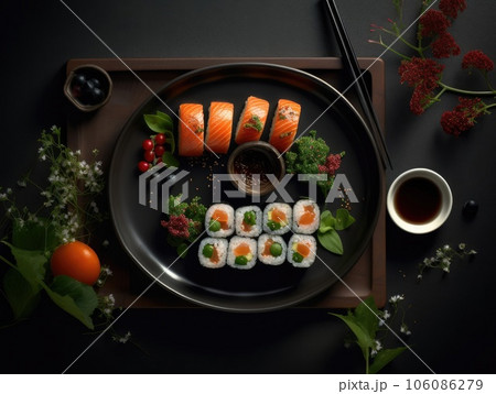 Top view of delicious sushi rolls on black table, Japanese food. Generative AI Top view of delicious sushi rolls on black table, Japanese food. Generative AI 106086279