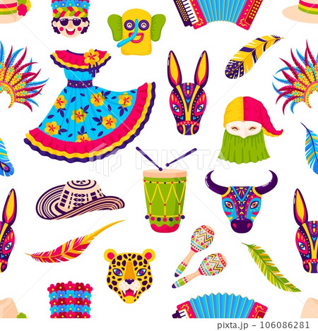 Barranquilla carnival seamless pattern. Vector tile background with holiday traditional feathers, crown, bright dress, hat, animal mask, maracas, accordion and drum for folkloric party celebration 106086281