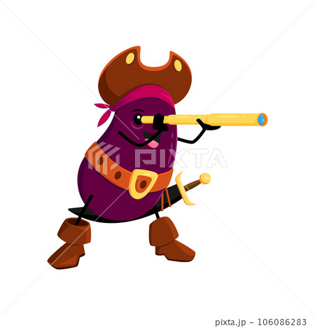 Cartoon eggplant vegetable pirate and corsair character with spyglass. Vector veggies in buccaneer costume, tricorn, headband and boots looking in glass. Vitamin plant personage freebooter or picaroon 106086283