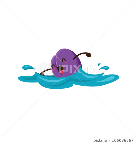 Prune fruit cartoon character swimming in sea on summertime beach vacation. Isolated vector humorous fresh plum personage having outdoor entertainment and rest at basking in ocean breeze and swim 106086367