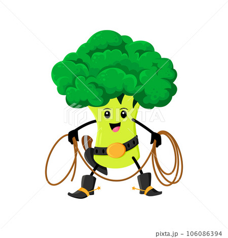 Cartoon broccoli vegetable cowboy and ranger character with lasso. Vector veggies personage, funny fairytale healthy food horseman. Brave garden greenery stockrider wear boots and belt with gun Cartoon broccoli vegetable cowboy and ranger character with lasso. Vector veggies personage, funny fairytale healthy food horseman. Brave garden greenery stockrider wear boots and belt with gun 106086394