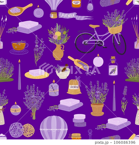Lavender flowers, herb and bunch pattern of aroma spa cosmetics, vector background. Lavender products pattern with purple candle, lavender essential oil, aromatherapy soap and French Provence bicycle Lavender flowers, herb and bunch pattern of aroma spa cosmetics, vector background. Lavender products pattern with purple candle, lavender essential oil, aromatherapy soap and French Provence bicycle 106086396