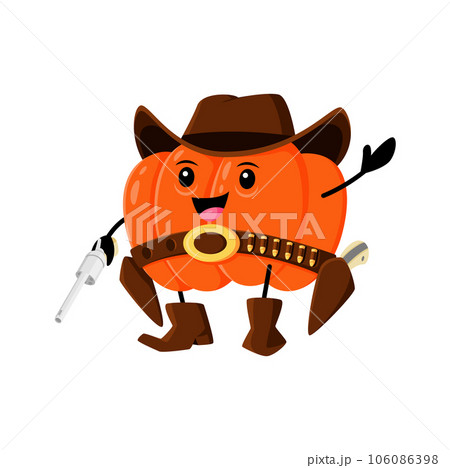 Cartoon pumpkin vegetable cowboy, ranger or bandit character. Vector ripe gourd personage, Funny cheerful fairytale healthy food, brave garden veggies wear boots, belt and hat, horseman fresh squash 106086398