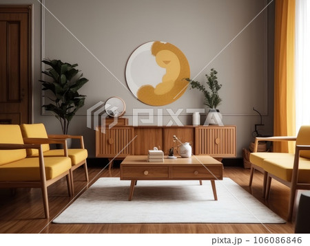 Yellow Japanese style living room with wooden decoration. Generative AI 106086846